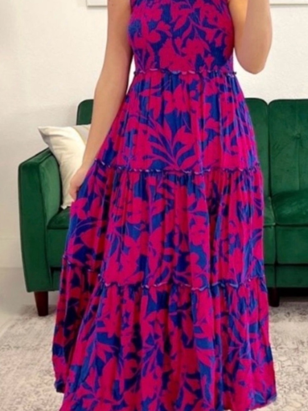 Vibrant Pink & Blue Floral Tiered Maxi Dress
